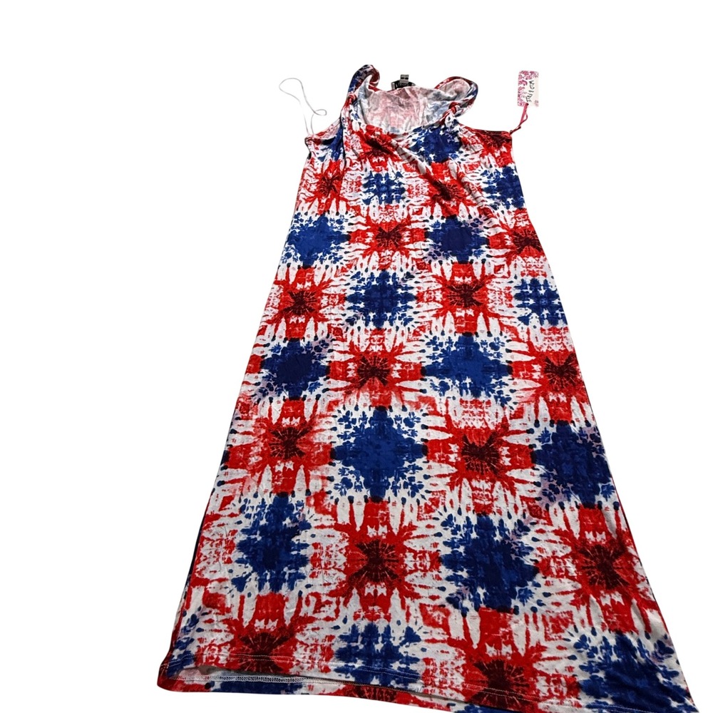 Freshman Maxi Dress Womens S NWT Red White Blue Tie Dye Patriotic Knotted Strap